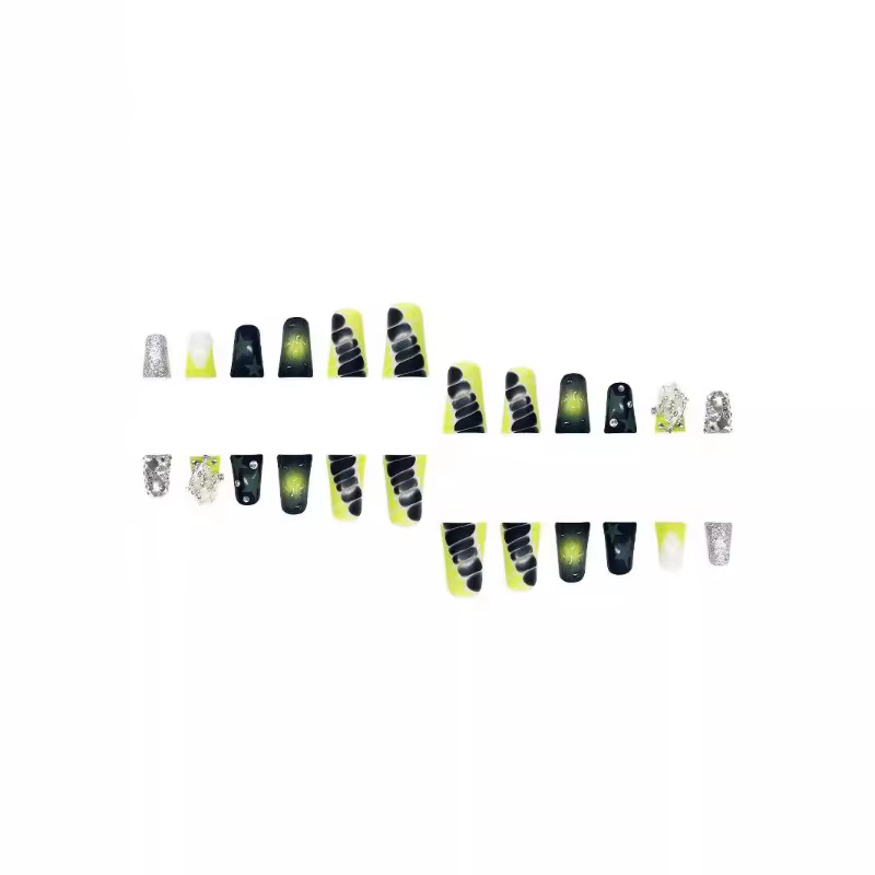 24 faux ongles moyens à presser en forme de bec de canard avec motifs