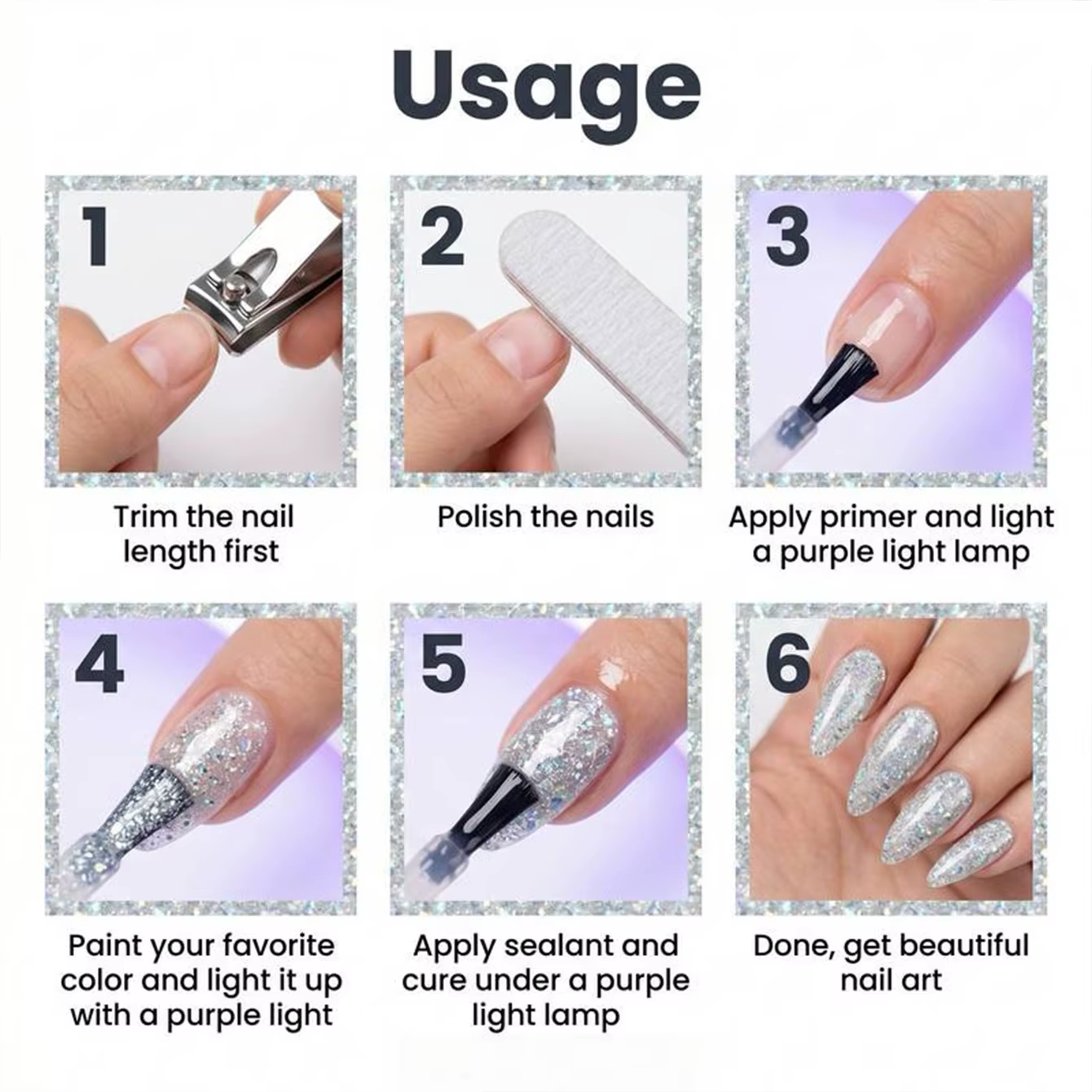 Vernis Gel Holographique Argent-Blanc Pailleté Vert, Gel LED Soak-off, Gel Pailleté Argent-Blanc Irisé, pour Salons de Manucure