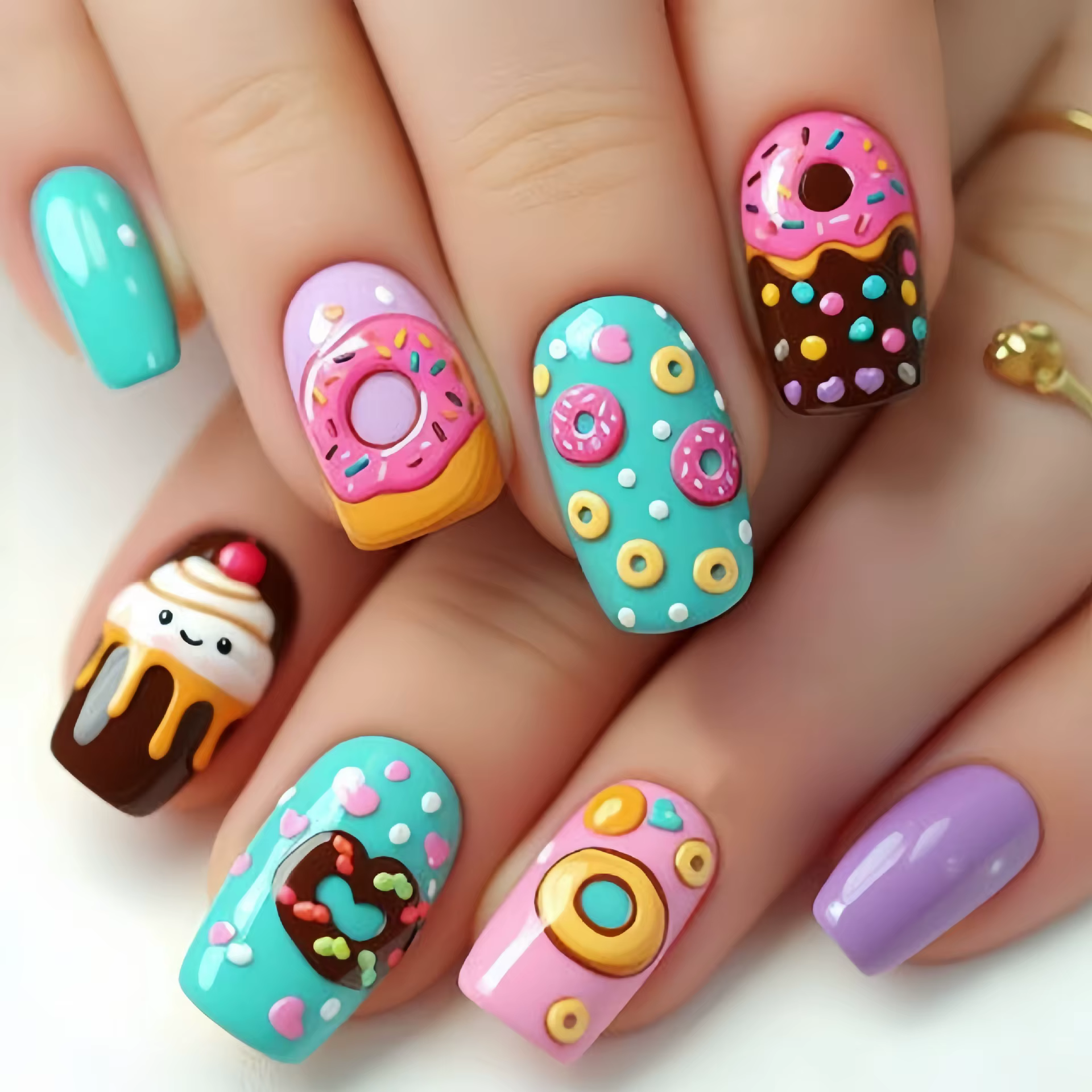 24 pièces Macaron crème glacée presse sur les ongles jour d'été doux détachable faux
