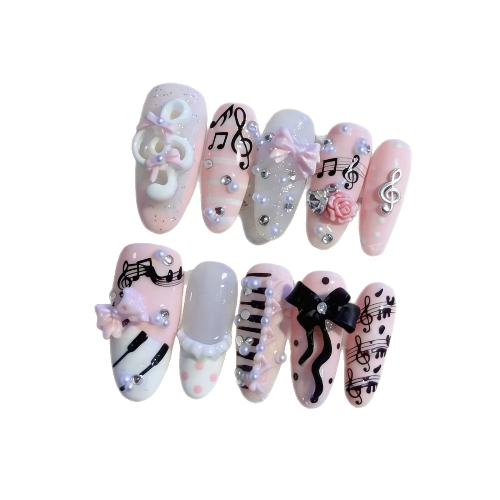 10 faux ongles ovales longs roses et noirs