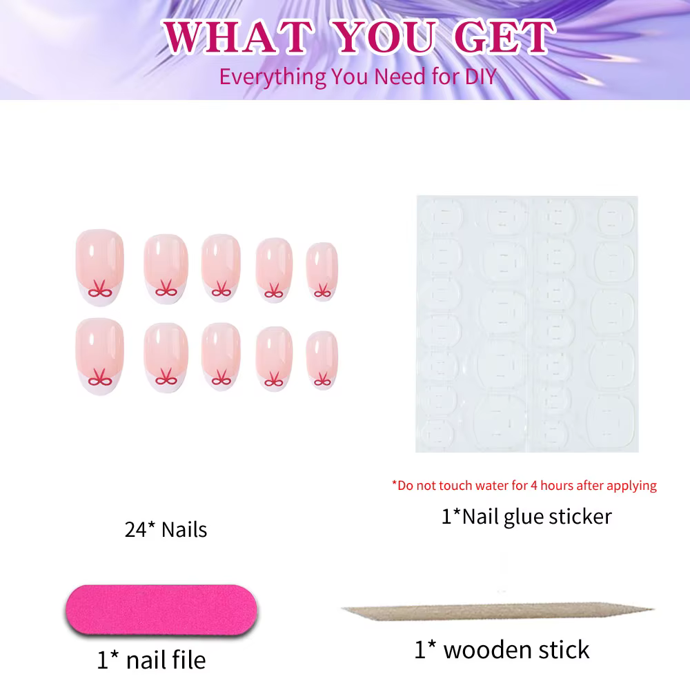 24 morceaux de pointes d'ongles courtes en forme d'amande avec des motifs de nœud rouge