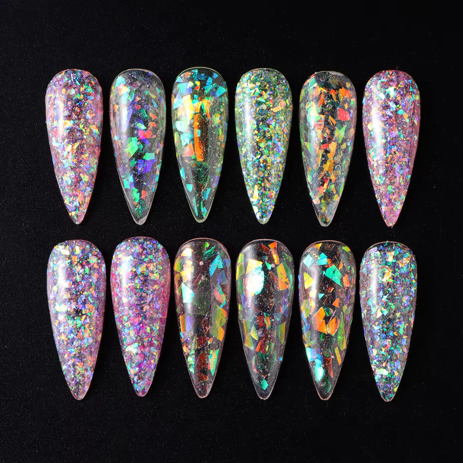 12 grilles Aurora caméléon ongles paillettes flocons irréguliers cristal verre