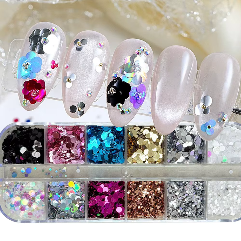 12 compartiments de paillettes à ongles à pois