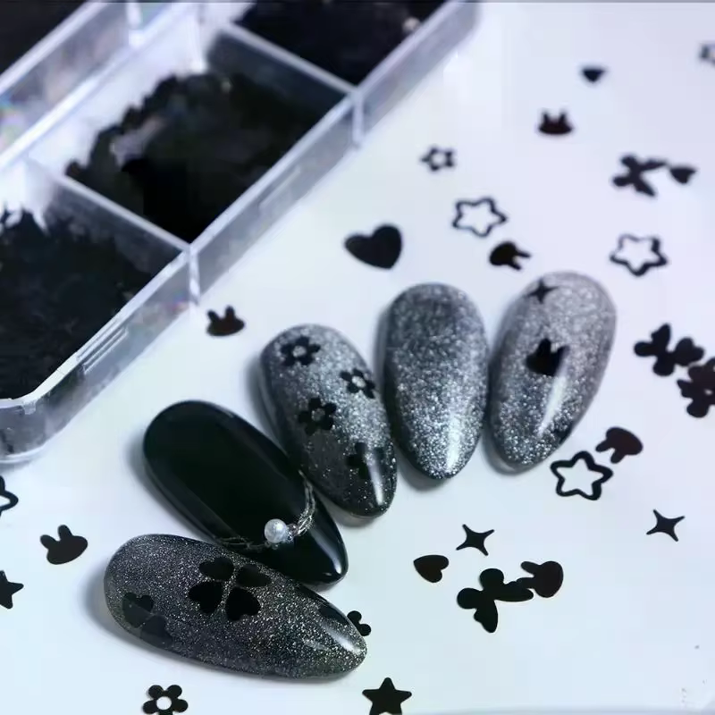 6 grilles noir en forme de coeur papillon étoile ongles Paillettes décor mixte manucure flocons