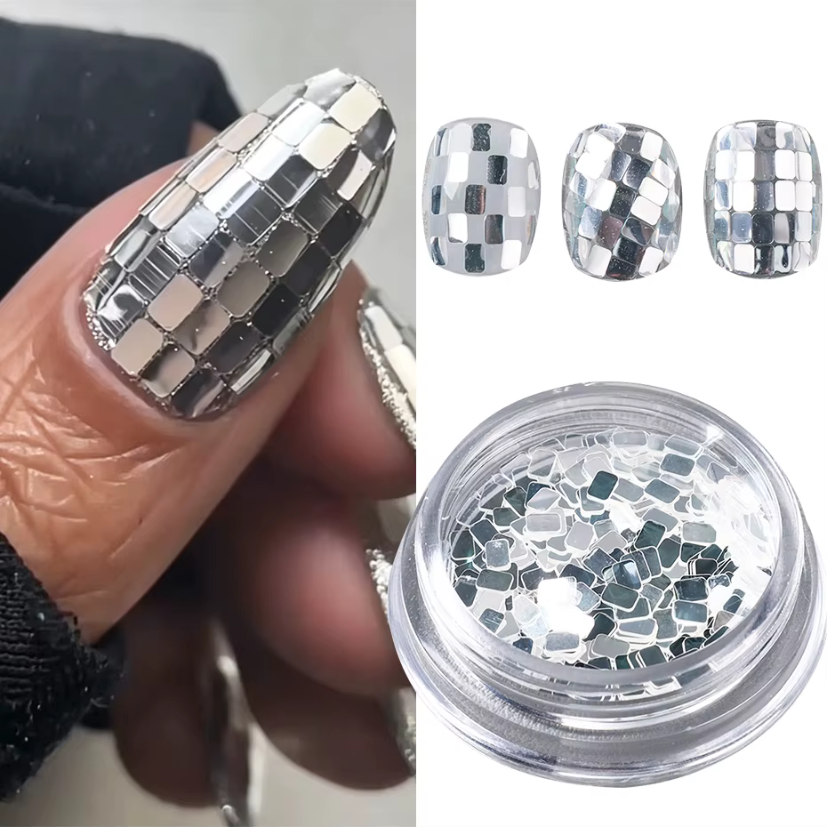 1 bouteille de paillettes holographiques carrées argentées pour nail art