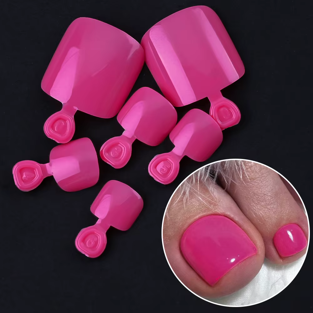 100 pièces faux ongles presse naturelle sur pied d'orteil Rose rouge couverture complète