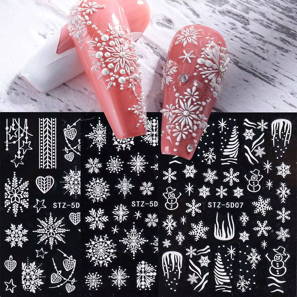 Autocollants 5D en relief flocons de neige de Noël pour ongles