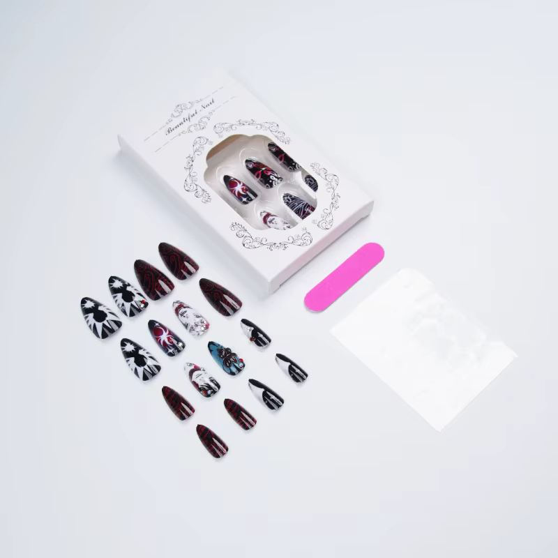 24 faux ongles amande style gothique et bande dessinée avec colle