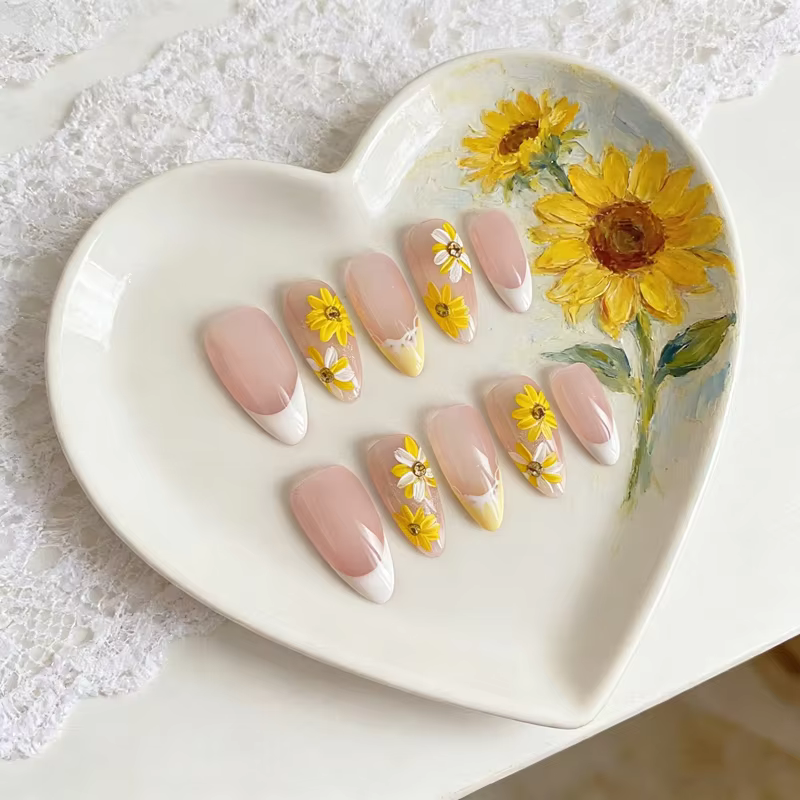 Lot de 10 faux ongles press-on faits main motif tournesol