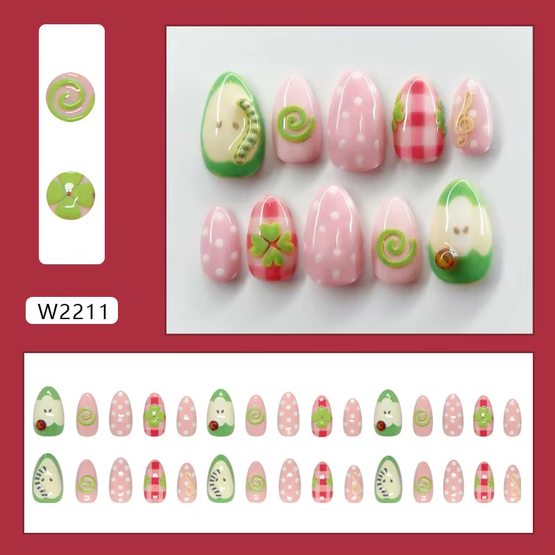 24 faux ongles à presser vert mignon motif pomme et amande