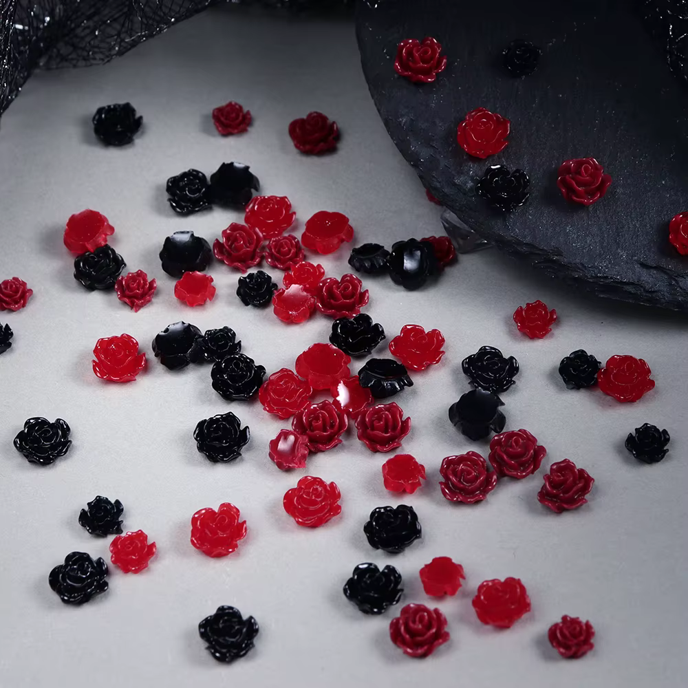 Accessoires pour ongles en forme de roses vintage, décorations de roses rouges et noires mélangées, fournitures pour ongles DIY, style Lolita sombre, punk, gothique.