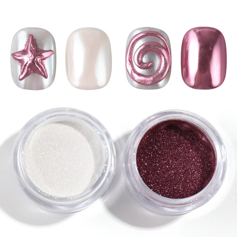 2 boîtes de poudre à ongles rose et blanche chromée