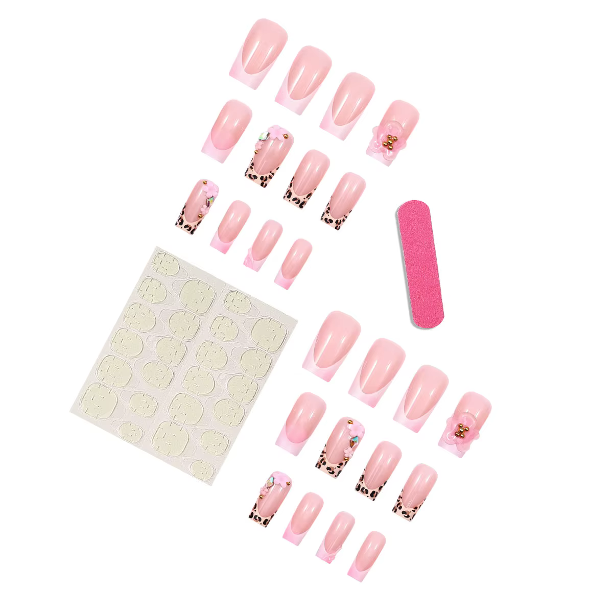 Faux ongles longs et carrés à pression française imprimé léopard avec perles dorées 3D colle à fleurs en relief
