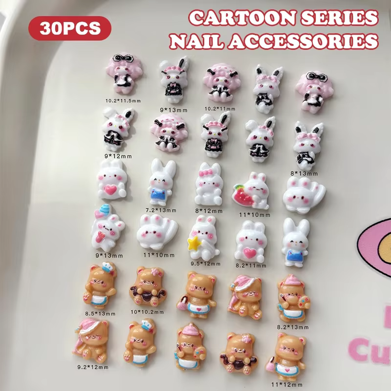 30 pièces dessin animé lapin Nail Art charme 3D couleur bonbon résine