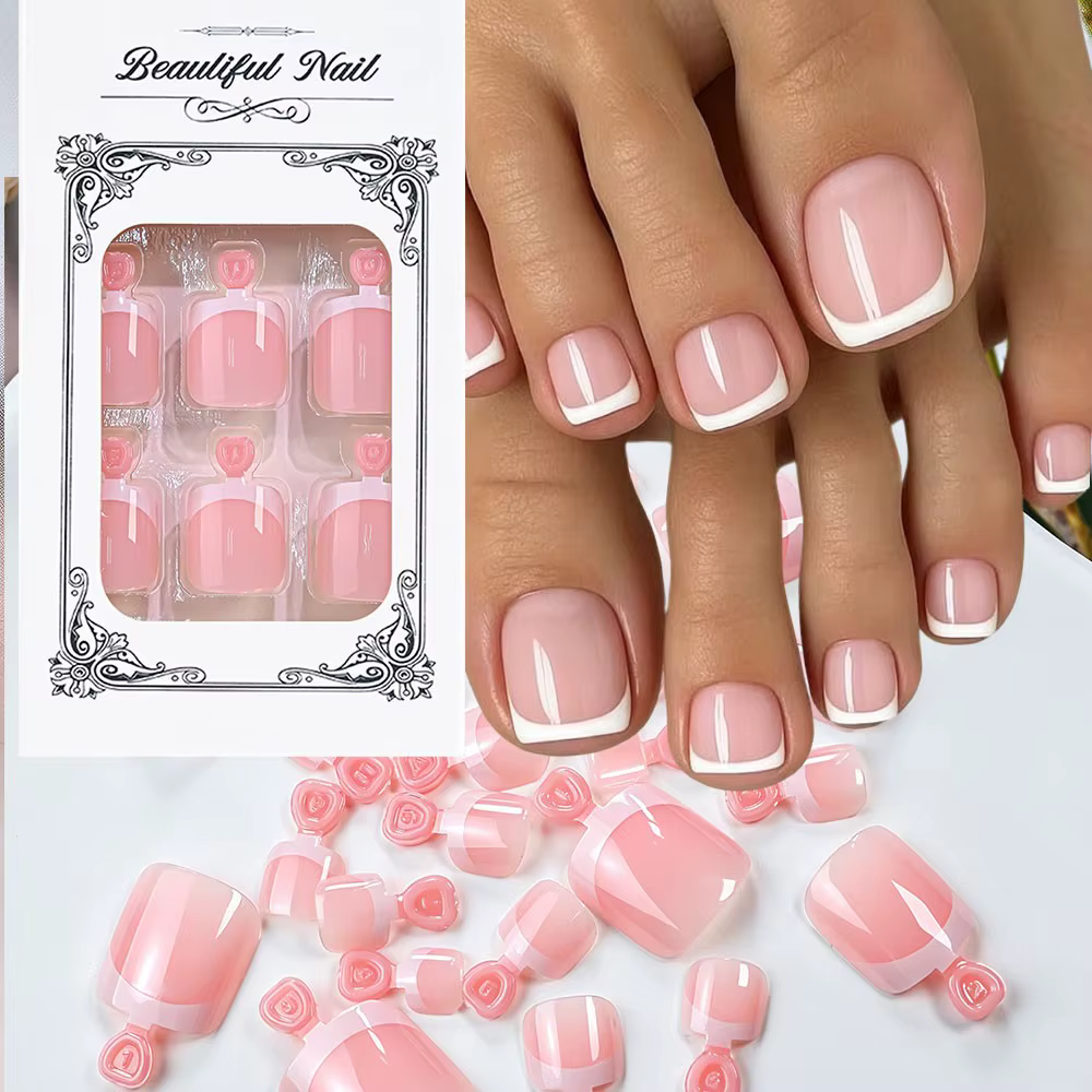24 pièces/boîte Faux ongles de pieds roses brillants à presser, courts carrés, à couverture complète, style French blanc, portables F$5%R