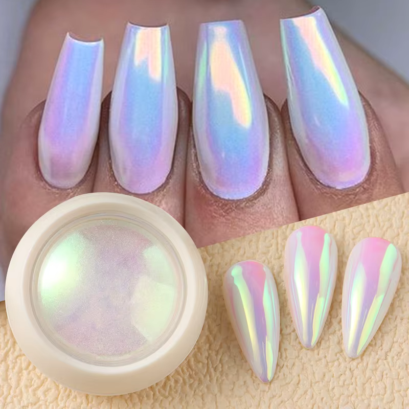 Poudre à ongles chromée sirène irisée