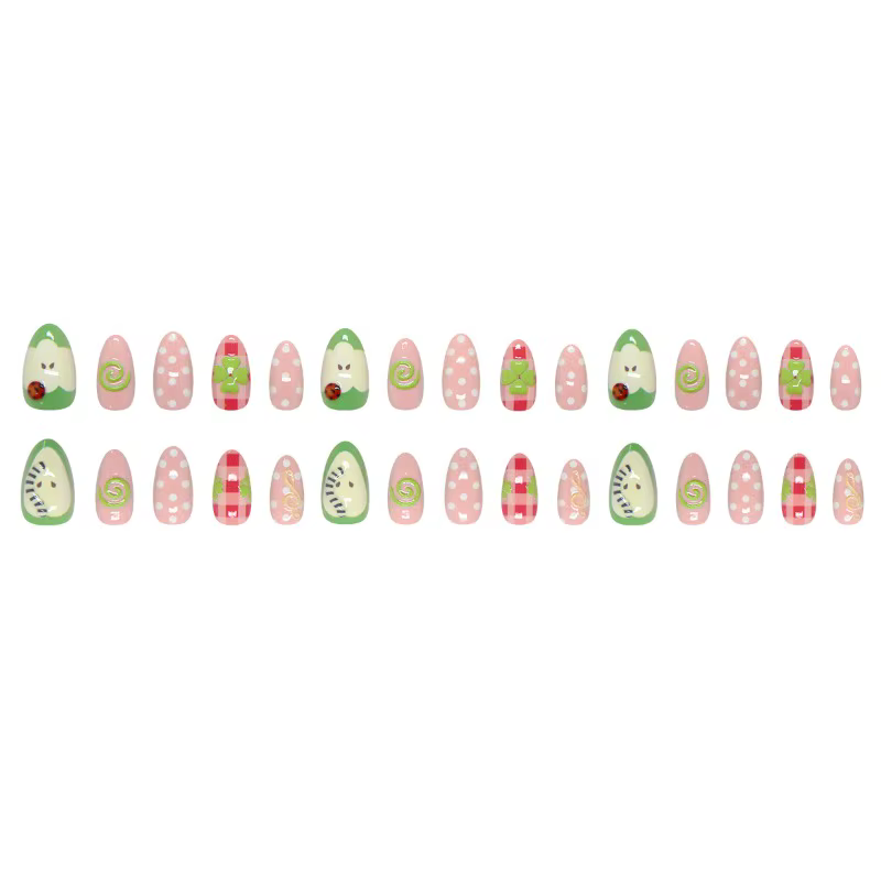 24 faux ongles à presser vert mignon motif pomme et amande