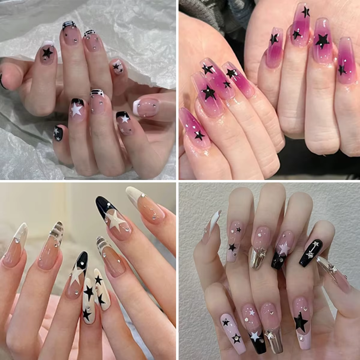 Autocollants pour ongles étoiles noires et blanches