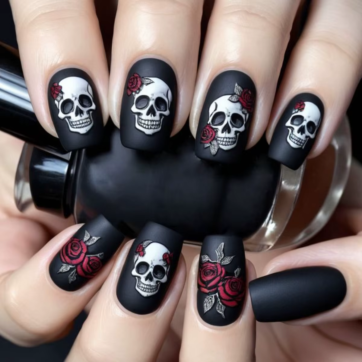 2025 Halloween faux ongles noir gothique Punk amande cercueil presse
