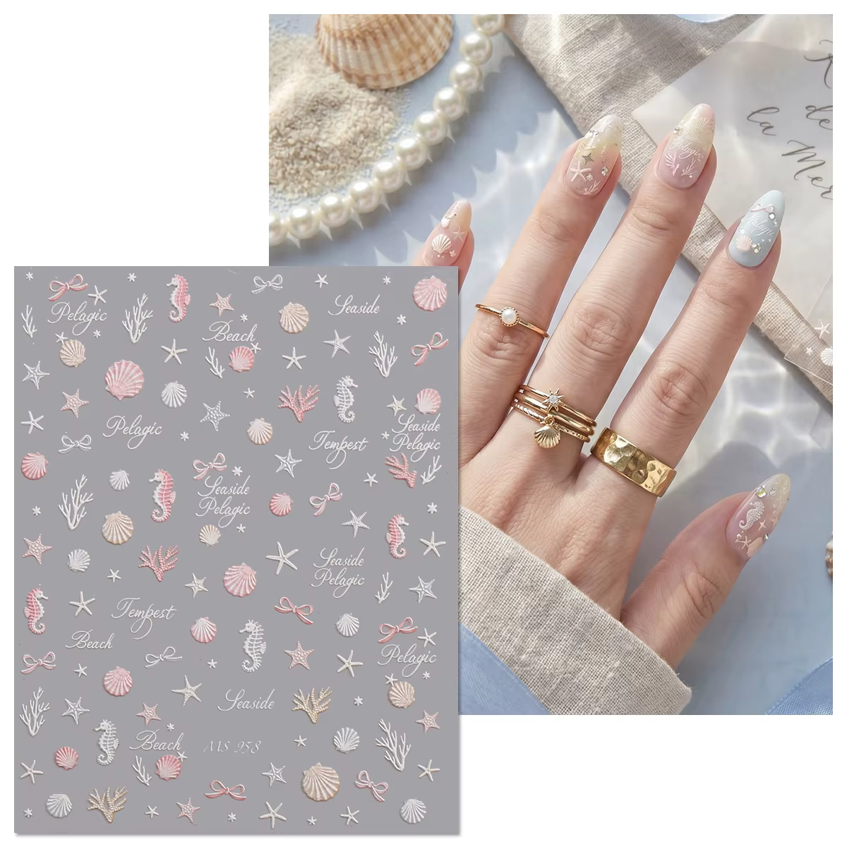 Autocollants pour ongles Coquillages Océaniques Aurora - Décorations 3D en relief Étoiles de mer et Hippocampes pour