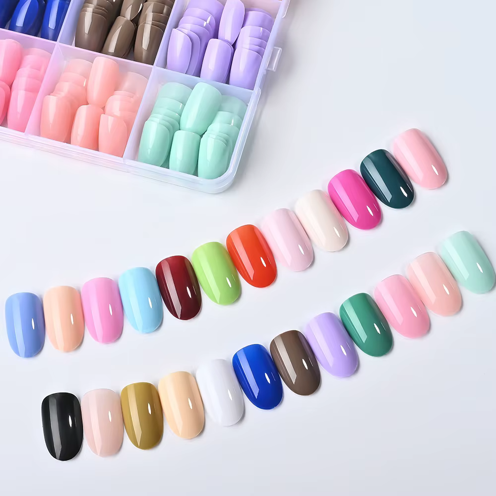 Faux ongles en amande courte 24 couleurs, effet macaron, brillants, faible saturation, vert, rouge, rose, couvrance totale, faux ongles d'été