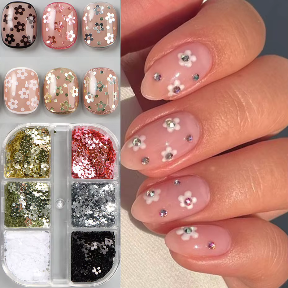 6 grilles Kawaii 5 pétales noir blanc Nail Art flocon Y2K brillant doré ongles fleur paillettes 3D métal