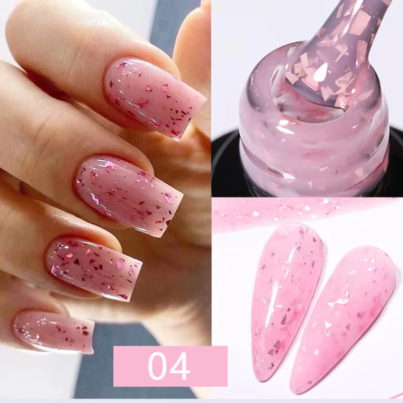 Gel de base en caoutchouc pailleté effet feuille d'or