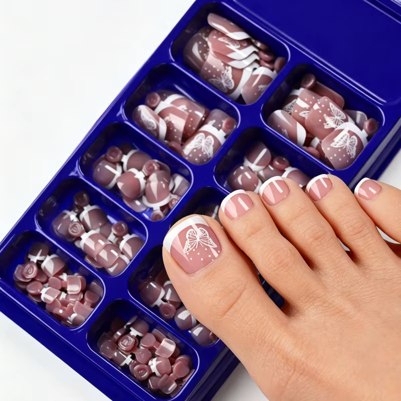 120 faux ongles de pieds carrés courts brillants style français papillon