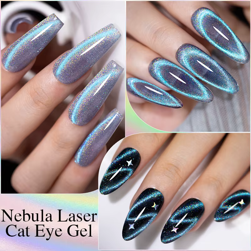 Vernis à ongles gel magnétique œil de chat holographique bleu arc-en-ciel 7