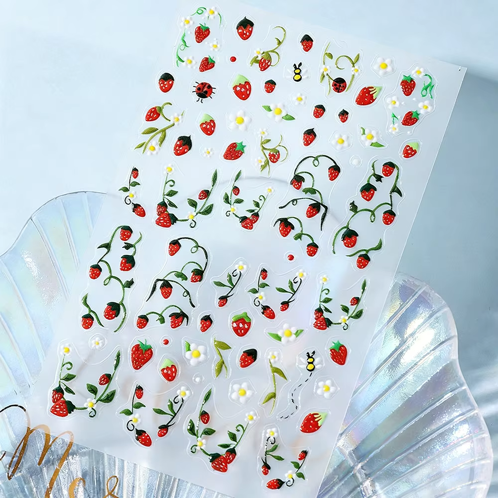 1 autocollant pour ongles 5D motif fraise rouge mignonne