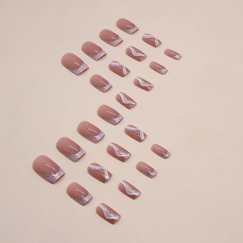 24 pièces rayures minimalistes françaises courtes avec 1 gelée et 1 lime à ongles doux Nail Art rose blanc rayure