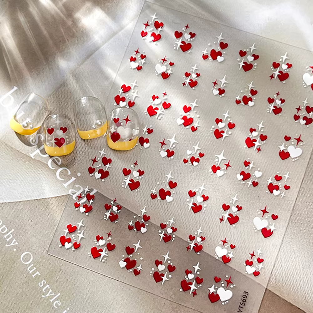 3D saint valentin amour coeur Nail Art autocollant rouge blanc croix étoiles auto-adhésif ongles décalcomanies 8*10 cm