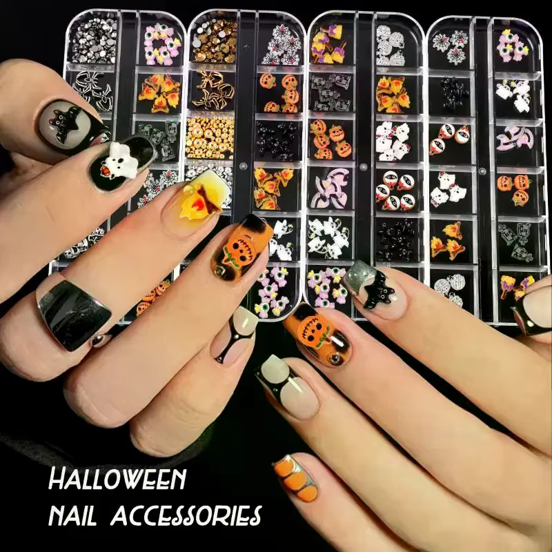 12 grilles série Halloween Nail Art bijoux dessin animé fantôme citrouille araignée chauve-souris breloques pour ongles
