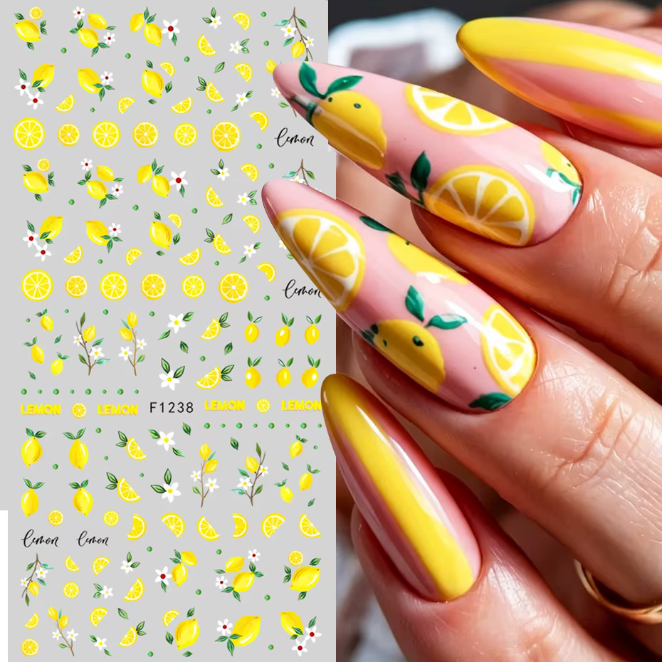 Autocollants pour ongles en forme de tranches de citron jaunes