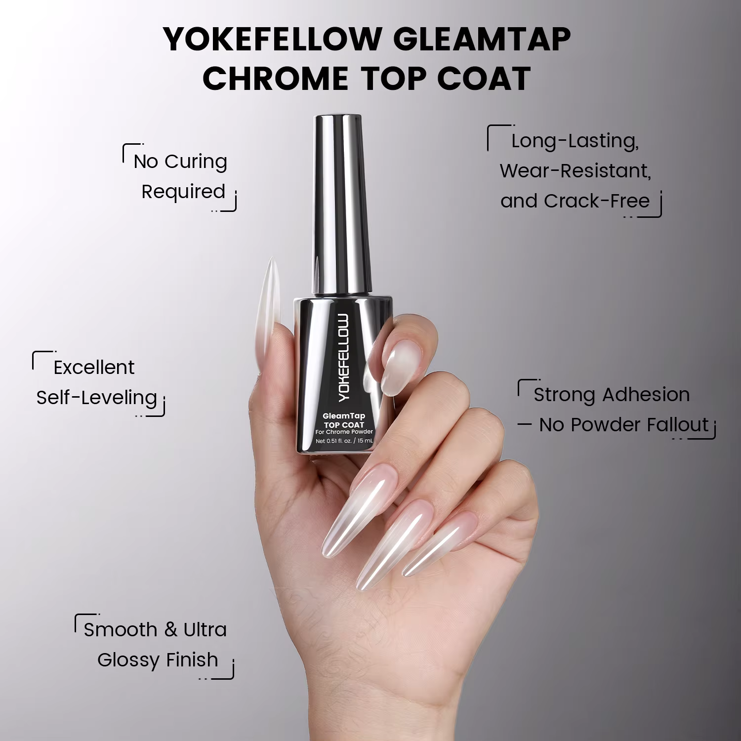 NOUVEAU YOKEFELLOW GleamTap Top Coat pour Poudre Chromée Sans HEMA et TPO 15ML – Rétention Maximale