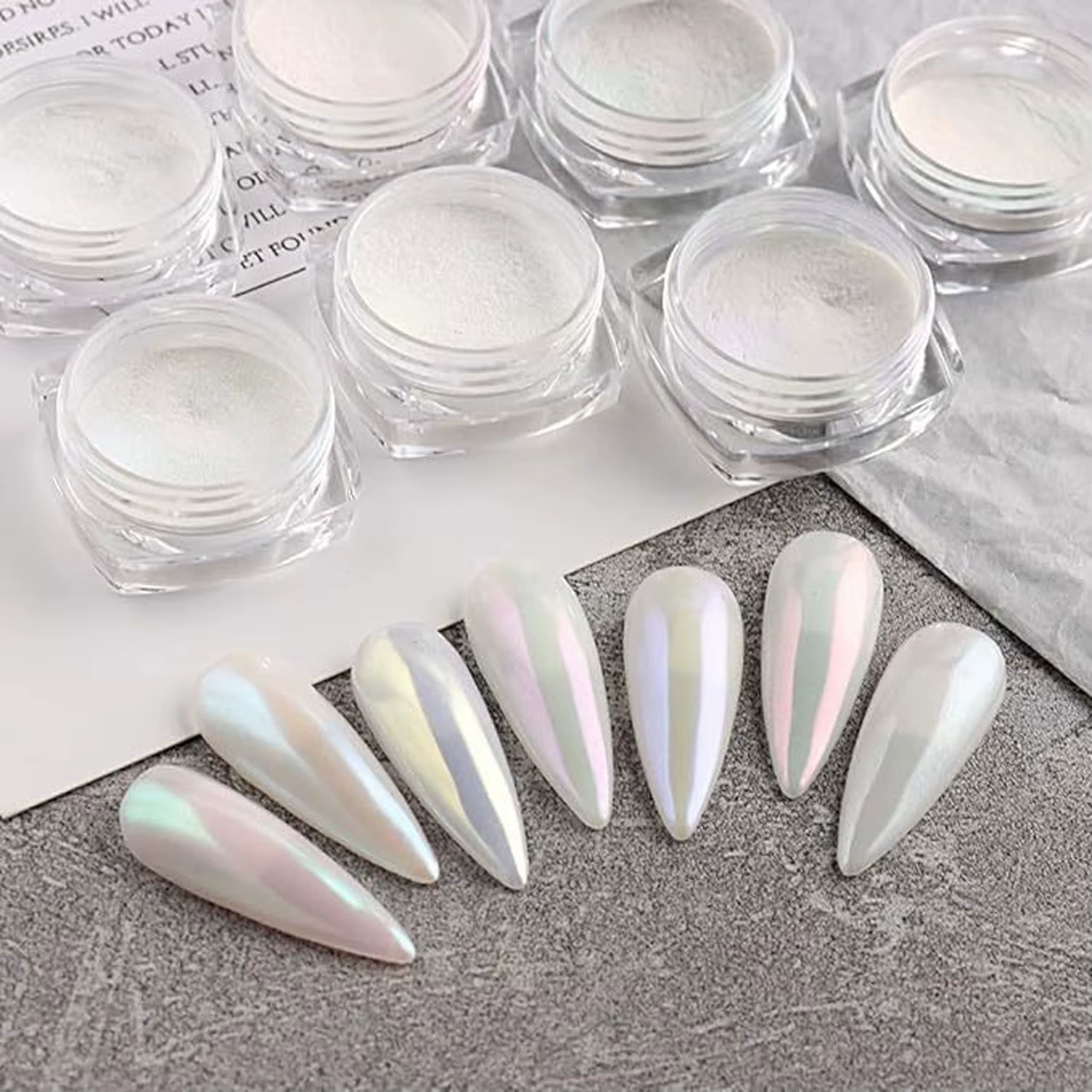 6 couleurs clair de lune perle miroir ongles poudre blanc fines paillettes effet métallique Pigment Gel vernis Chrome