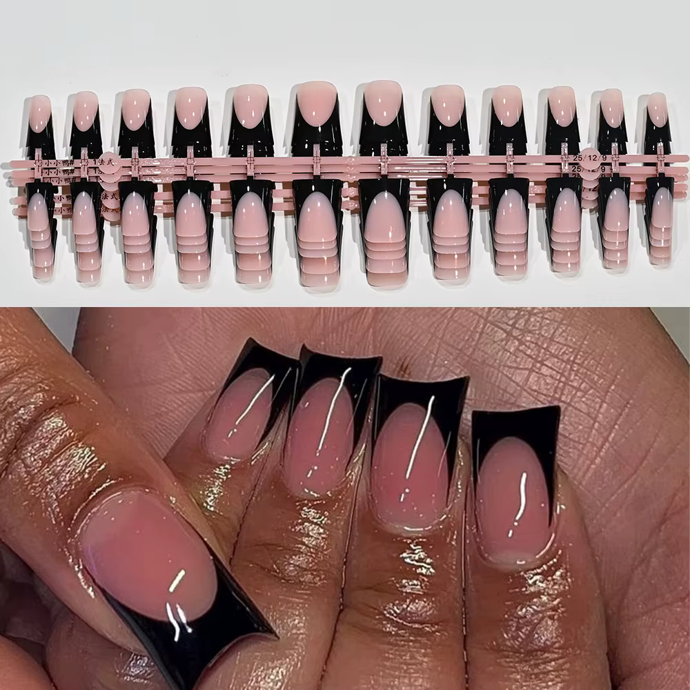 120 faux ongles en gel souple à presser, forme bec de canard, courts et carrés, noirs, rose nude, brillants, prêts à poser