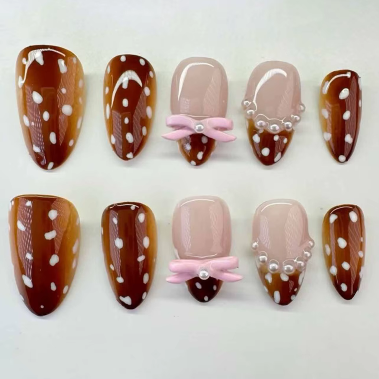 24 pièces couleur marron automne faux ongles blanc vague Point conceptions amande Style français