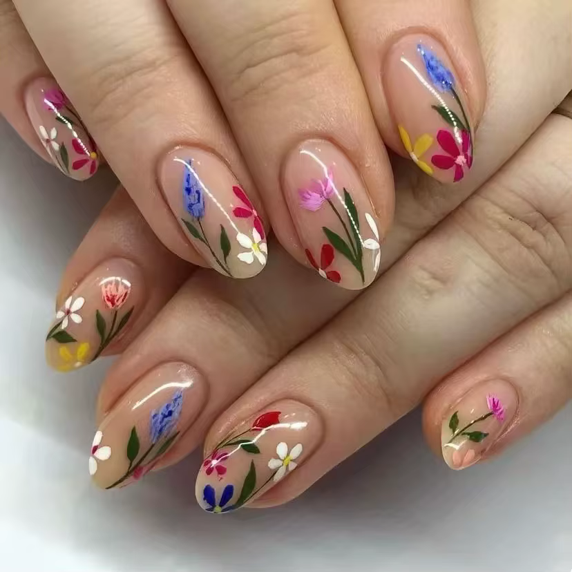 24 faux ongles courts ovales, motifs floraux colorés, à porter sur les doigts, en forme d'amande, à presser, pour femmes