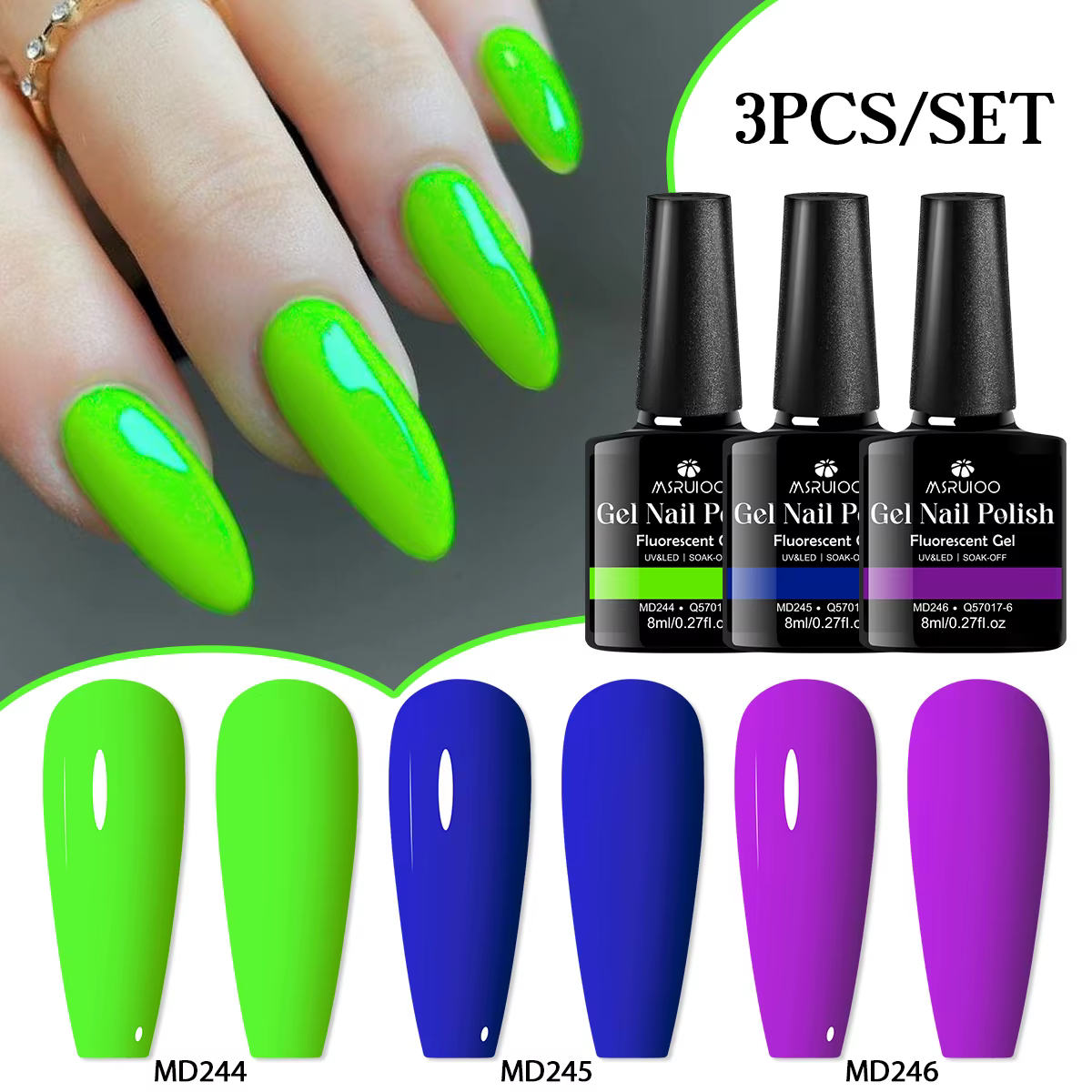 MSRUIOO 3 pièces/ensemble ensemble de vernis à ongles Gel Fluorescent néon brillant rose rouge Greern Orange tremper Gel UV ensemble de vernis à ongles
