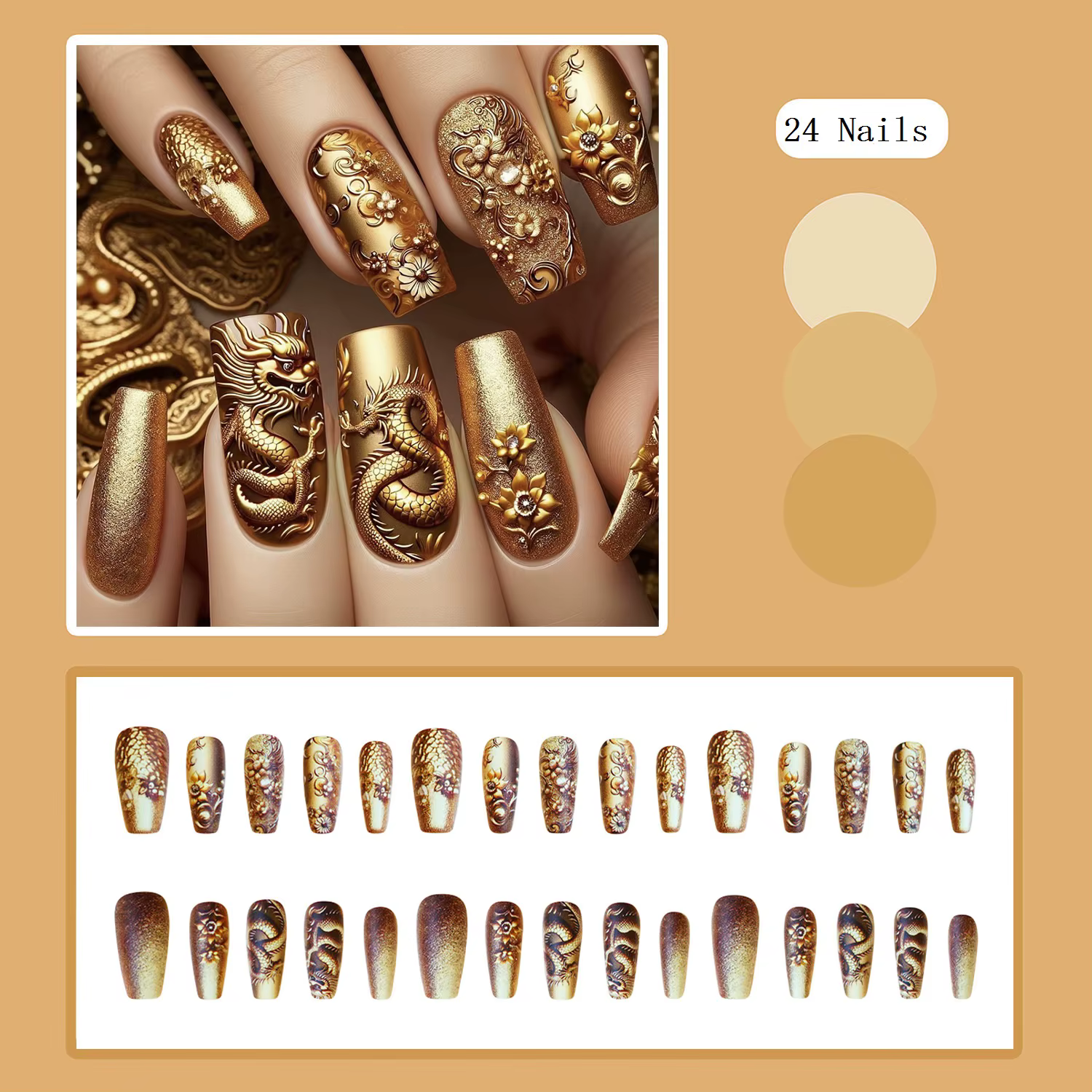 Faux ongles à pression avec motifs de dragon embout Él ballerine moyenne longue couleur or N64 N64