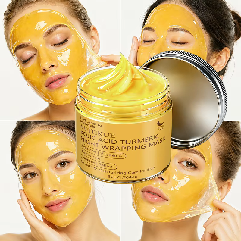 YUITIKUE 50g Masque de nuit enveloppant à l'acide kojique et au curcuma, Vitamine C, Rétinol, Masque facial hydratant doux et lissant pour soin de nuit