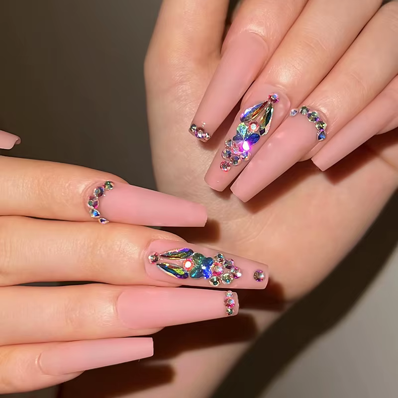 Faux ongles français imprimé léopard rose