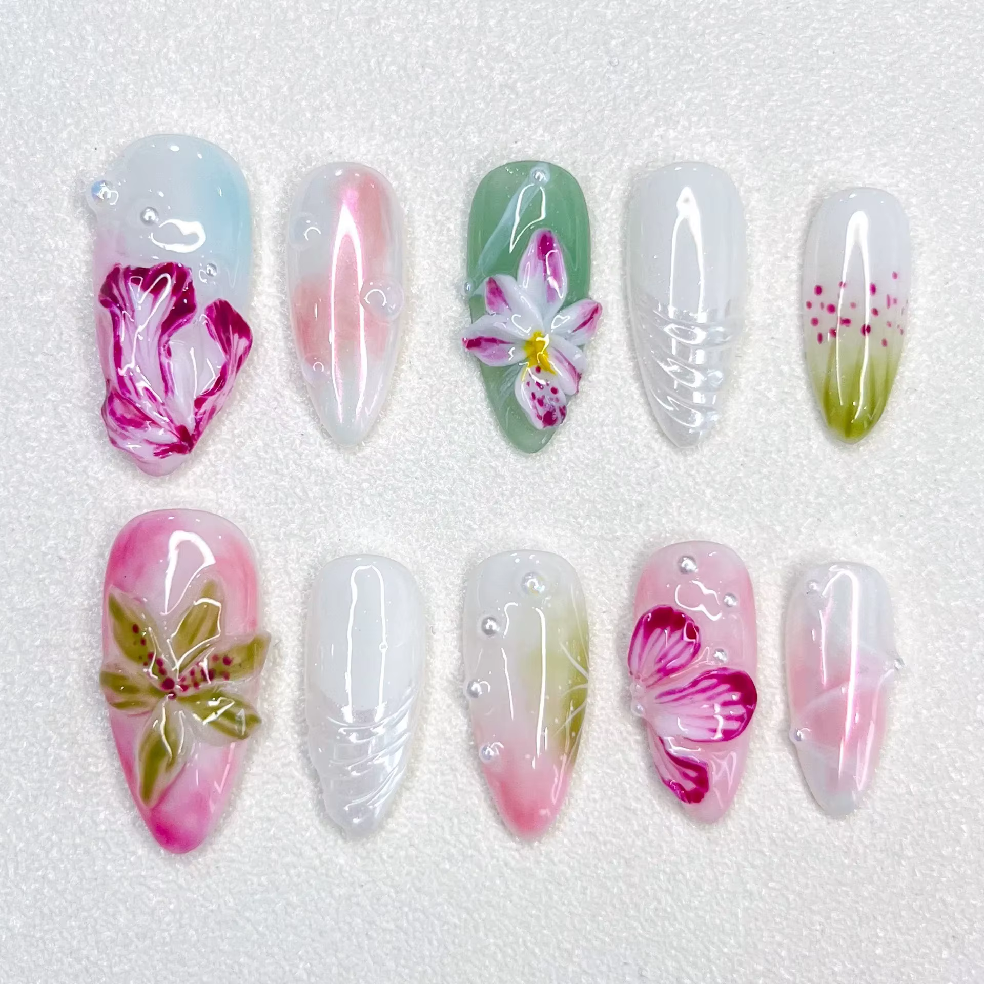 Printemps fait à la main presse sur ongles 10 pièces brillant rose 3D fleur