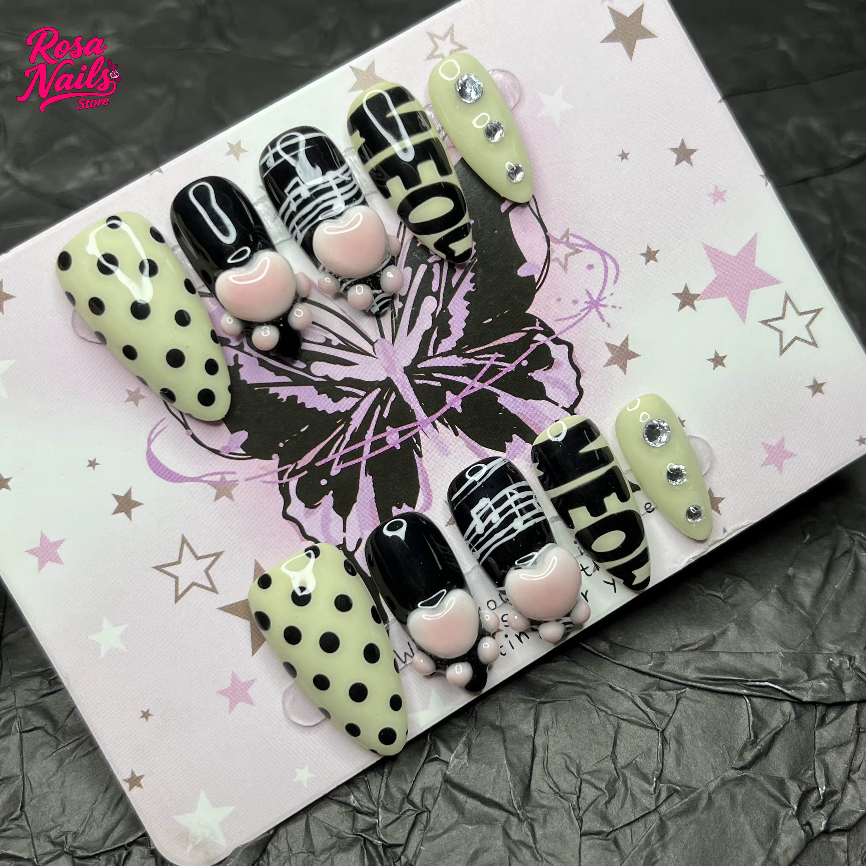 10 pièces presse à la main sur les ongles 3D patte tampons noir blanc à pois