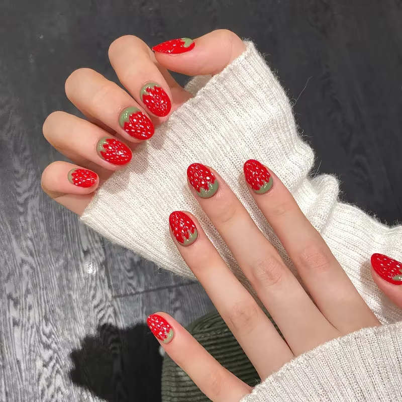 Faux ongles 3D fraise faits main à presser avec boîte et outils 2026 – Kawaii