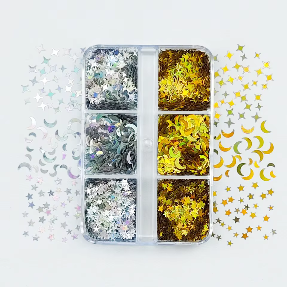 6 grilles brillant Nightsky ongles ornement flocons Chrome Holo argent or étoiles paillettes ensemble UV Gel Nailtips