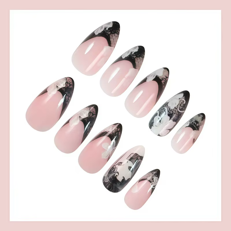 24 faux ongles français pointus en dentelle noire faits à la main