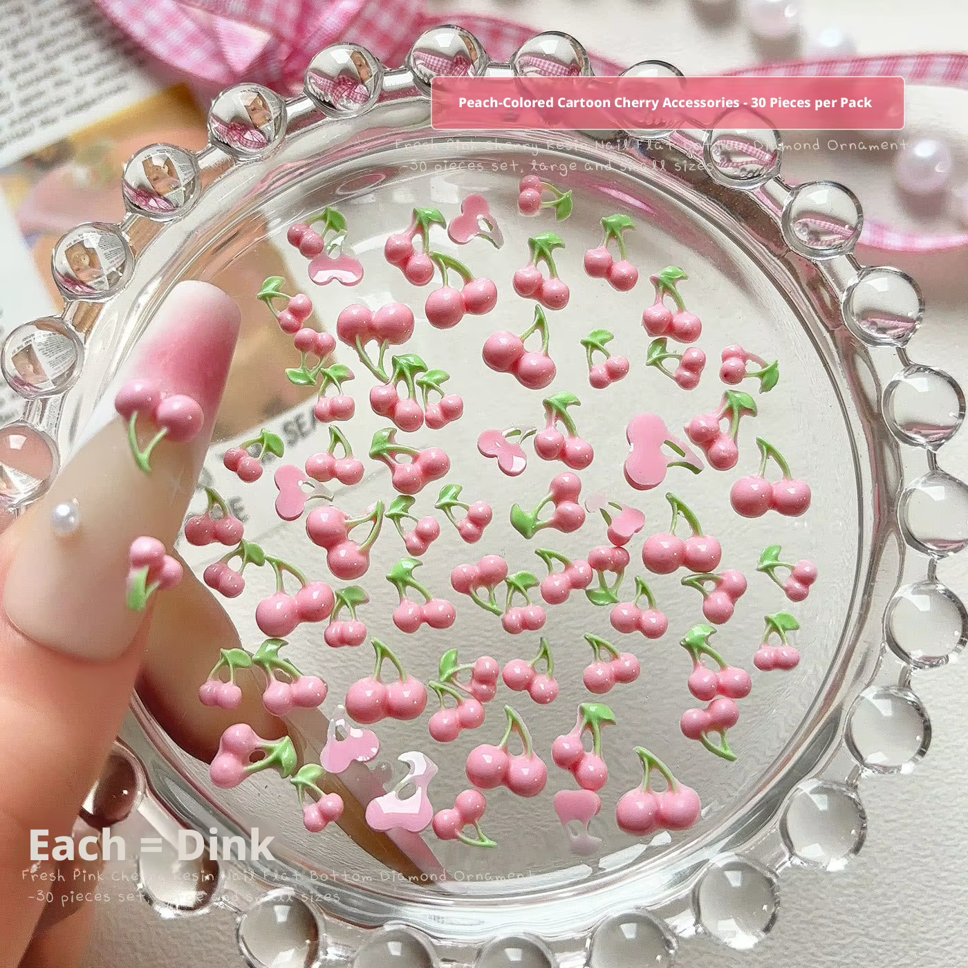 YYM 30pcs Breloques pour ongles cerises roses mignonnes