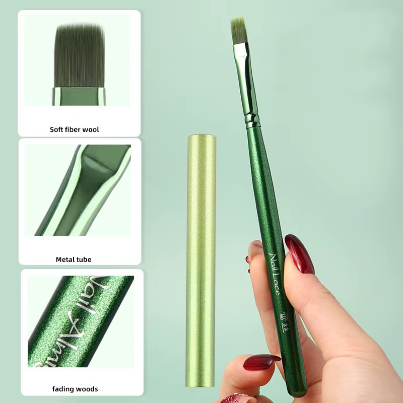 Nouveau Pinceau Vert pour Nail Art avec Manche en Bois Peint